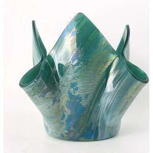 Sydenstricker Green irridescent handkerchief Vase/Tealight Candle Holder Signed